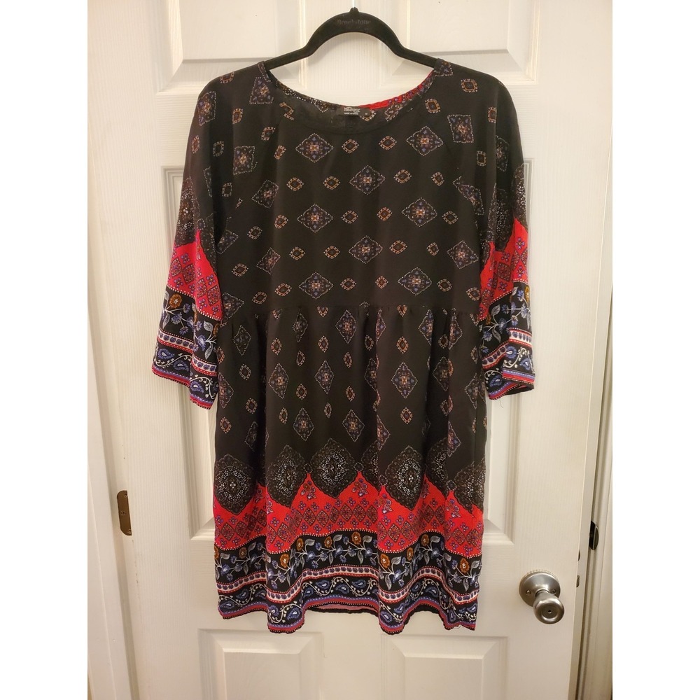 Meaneor Dress 3/4 Sleeve Black Scarf Print Size M‎ knee length artsy boho casual